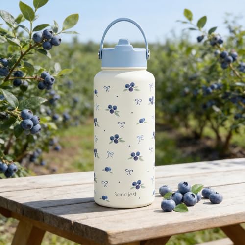 Blueberry Water Bottle Stainless Steel 32oz with Lid & Straw