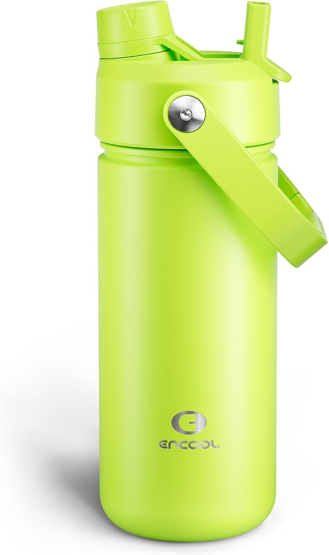 ENCOOL Insulated Water Bottle with Straw Stainless Steel Water Bottle, Leak-Proof, BPA-Free, Double Wall Vacuum Keeps Cold for 24 Hours for Sports, Travel, School (18 oz, Sharp Green)