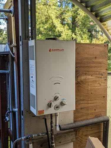 CAMPLUX Portable Propane Water Heater - 2.64GPM, 3.3GPM Pump & Pipe Strainer, 68,000 BTU for Camping & Off-Grid Cabins