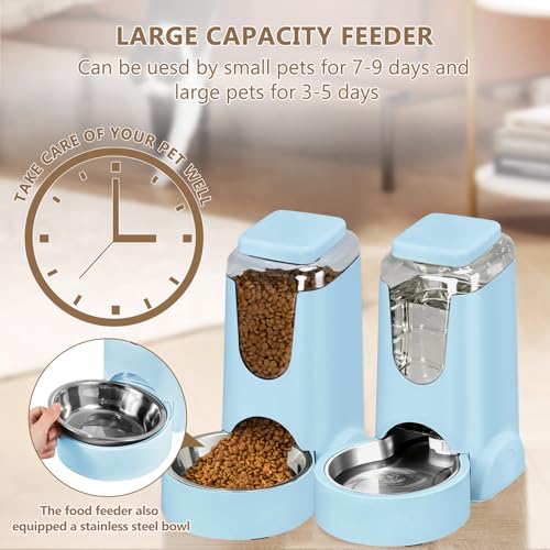 Portable Automatic Cat Feeder and Water Dispenser with Stainless Steel Bowl Dog Gravity Food Feeder and Waterer for Small Medium Pets Puppy Kitten 1 Gallon x 2