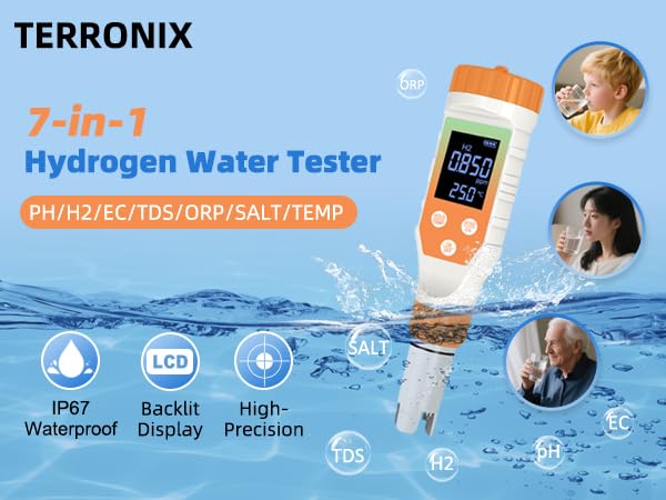 7-in-1 Hydrogen Water Tester, Digital pH TDS EC ORP Salt Temp Meter