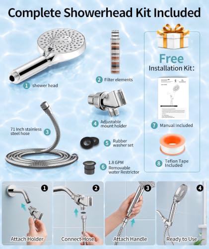 Filtered Shower Head with Handheld High Pressure 9 Spray Mode Showerhead Detachable Shower Head Water Softener Filters Beads for Hard Water Remove Chlorine 1 Filter 1.8GPM Chrome