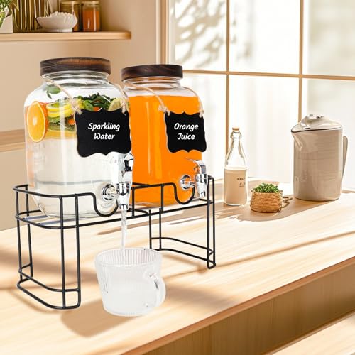 2 Pack 1 Gallon Glass Drink Dispensers with Wood Lid