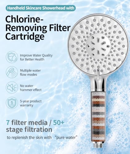 Filtered Shower Head with Handheld High Pressure 9 Spray Mode Showerhead Detachable Shower Head Water Softener Filters Beads for Hard Water Remove Chlorine 1 Filter Chrome