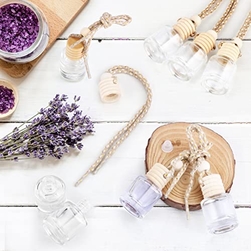 50 Pcs/Set,8ml Hanging Car Air Freshener Diffuser,Empty Refillable Clear Glass Essential Oil Fragrance Perfume Diffuser Pendant Glass Vials with Wooden Caps & Hanging String,Cylindrical Style (50 Count)
