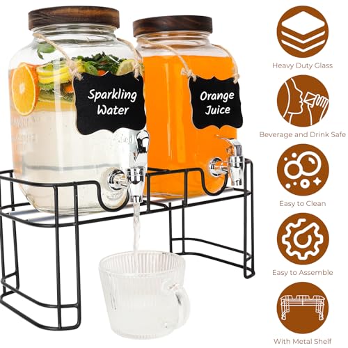 2 Pack 1 Gallon Glass Drink Dispensers with Wood Lid