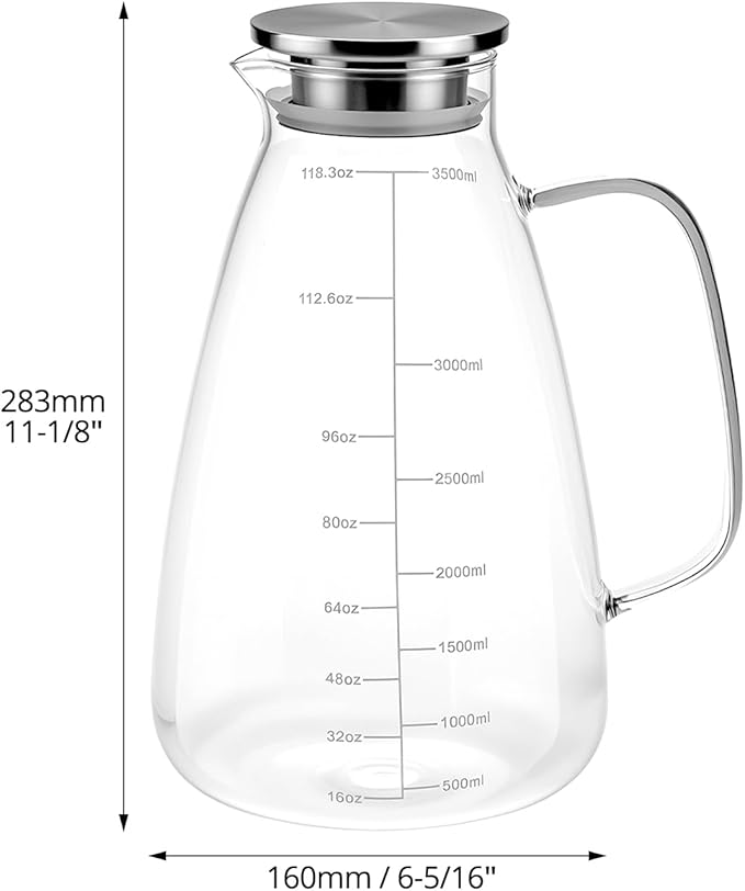 QWORK Glass Pitcher with Lid, 118 OZ Glass Water Pitcher with Precise Scale Line, Hot/Cold Water Jug, for Milk, Beverages
