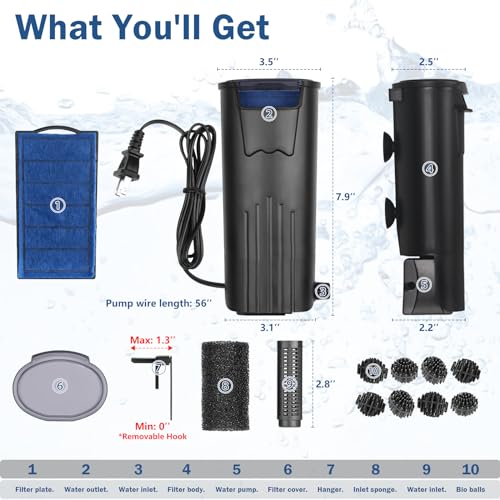 Turtle Tank Filter Aquarium Internal Filter for 3 to 20 Gallon Fish Tank
