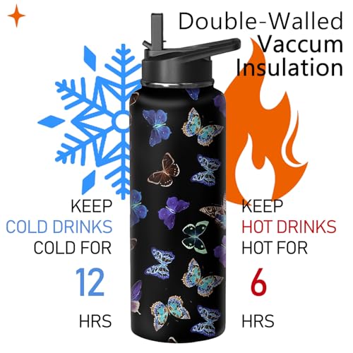 40oz Butterfly Water Bottle with Handle and Flip Straw