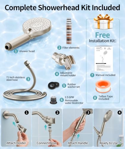 Filtered Shower Head with Handheld High Pressure 9 Spray Mode Showerhead Detachable Shower Head Water Softener Filters Beads for Hard Water Remove Chlorine 1 Filter Brushed Nickel