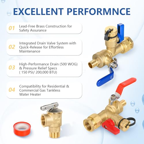 3 4 Inch GUOFIS IPS Tankless Water Heater Valve Kit with Pressure Relief Valve (5 Count)