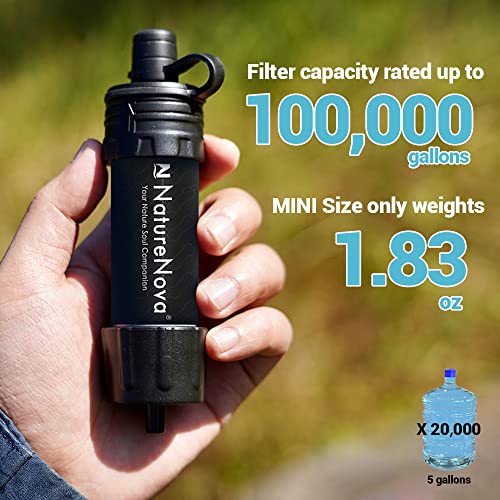 Mini Water Filter NatureNova Portable Emergency Water Filtration System Hiking Camping Straw Survival Gear Emergency Preparedness（Black
