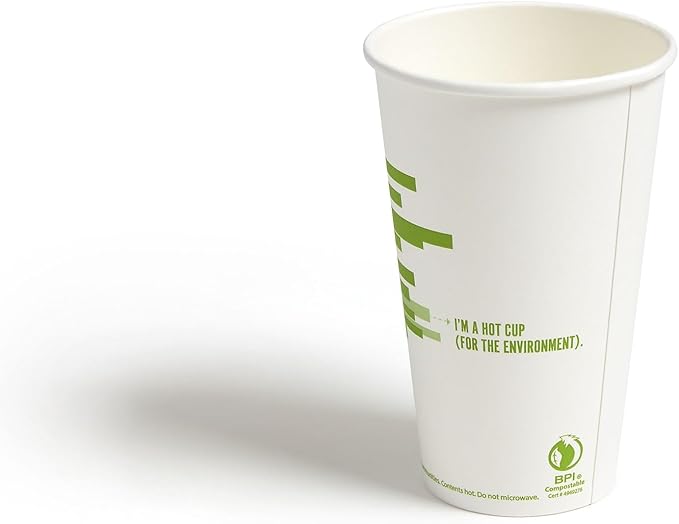 Perk Eco Compostable Paper Hot Cups, 16 Oz, 600 Count Disposable Cups for Hot Beverages, White/Green
