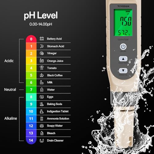 3-in-1 Digital pH Meter with ATC, ±0.1 pH Accuracy Water Quality Tester, 0-14.0 pH Measurement Range for Hydroponics, Household Drinking, Pool and Aquarium