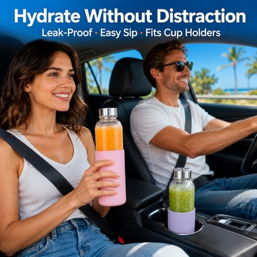 16 oz Glass Water Bottles with Lids and Silicone Sleeve 4 Pack