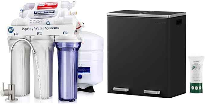 iSpring RCC7AK, NSF Certified 75 GPD, Alkaline 6-Stage Reverse Osmosis System & SONGMICS Dual Trash Can, 16 Gal (60L) Rubbish Bin and 15 Trash Bags, Metal Step Bin, with Dual