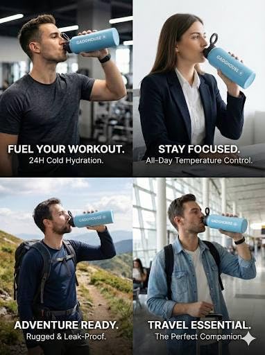 GadgHouse 40oz Stainless Steel Water Bottle with Magnetic Phone Holder, Compatible with Apple and Android. Leakproof, Insulated, BPA-Free, Keeps Hot 12H Cold 24H, for Gym, Office, Travel (ICE BLUE)