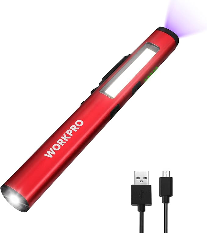 WORKPRO Rechargeable Pen Light, 450 Lumen LED Flashlight with 365 nm UV Black Light, Multifunctional Penlight for Mechanic Emergency Outdoor