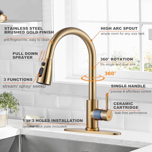 Brushed Gold Kitchen Faucet With Sprayer