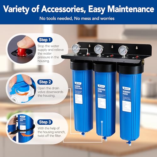 WF3-01 3-Stage Whole House Water Filtration System, Reduces Heavy Metals (Lead, Mercury, Arsenic, Cadmium, Chromium), Chlorine, Sediment, Odor, and VOC’s (3 Count)