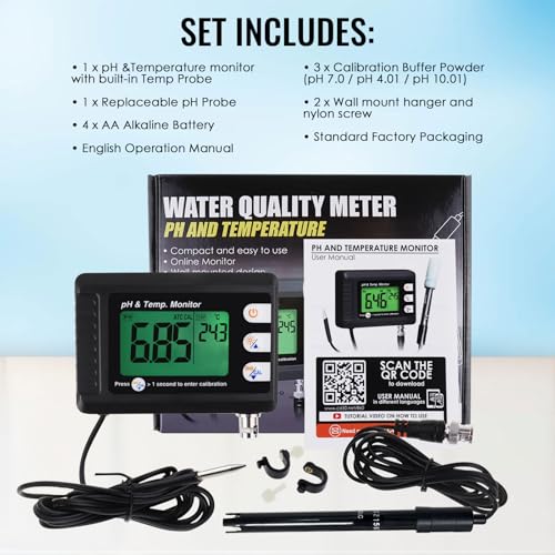 Digital pH & Temperature Water Monitor with Large LCD Display