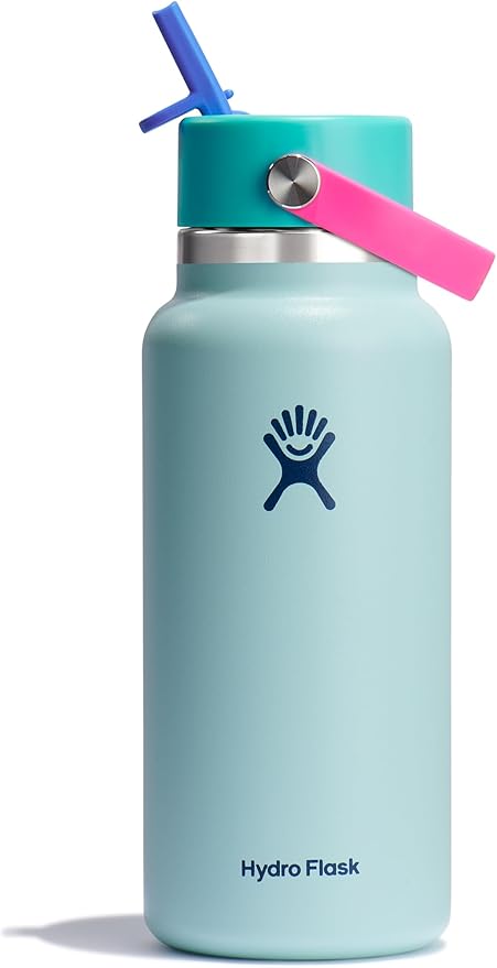 Hydro Flask Water Bottle - Insulated Stainless Steel - Wide Mouth Flex Straw Lid, Non Spill, Leakproof and Refillable in 32 Oz Polar Plunge