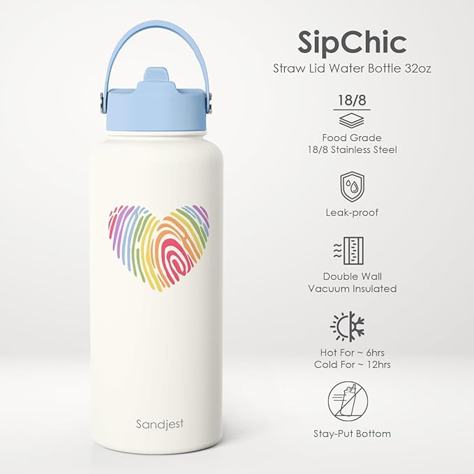 Pride Water Bottle Stainless Steel 32oz with Lid & Straw, Rainbow Insulated Bottles Gifts for Women Men LGBT Month Christmas Birthday LGBT Awareness Month