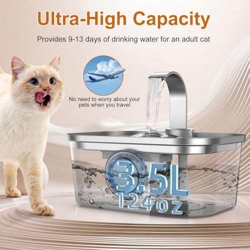 3.5L 124oz Stainless Steel Cat Water Fountain (124 Fl Oz)