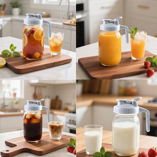 Mason Jar Pitcher With Pour Lid 32 Oz Glass Breast milk Storage Jug 1 Quart Wide Mouth Glass Tea Pitcher With Handle Creamer Container For Fridge Juice (2 Count)