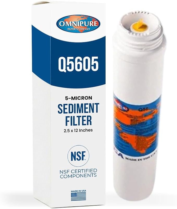Omnipure Q5605 Sediment Filter, 5 Micron Twist-In RO Cartridge, 2.5 x 12 Inch Q-Series Compatible for Under-Sink Reverse Osmosis Systems, Certified to NSF Standard 42 Replacement Water Filter