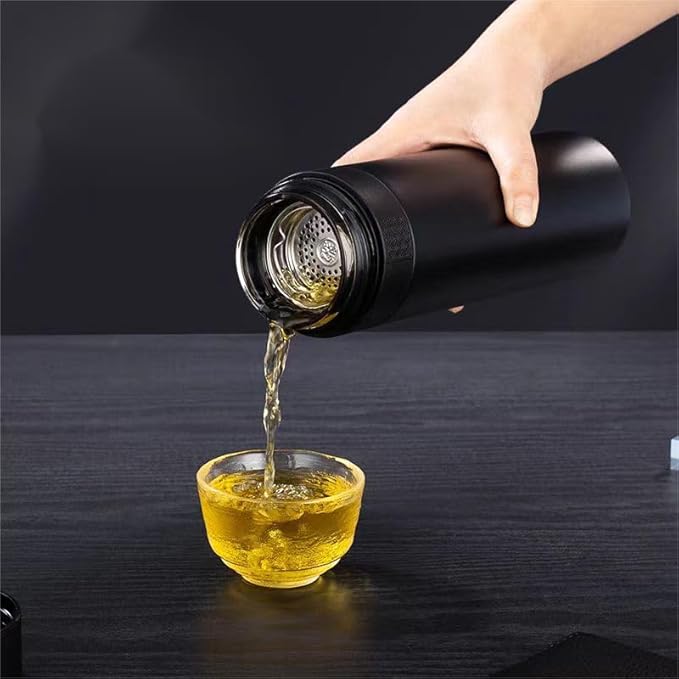 15oz Stainless Steel Vacuum Insulated Water Bottle with glass liner inside,glass lined thermos with Infuser for Hot and Cold drink -Leakproof Travel Mug with Filter (Black,with Tea infuser)