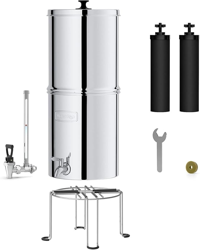 Waterdrop Gravity-fed Water Filter System, Reduces Lead and up to 99% of Chlorine, NSF/ANSI 42&372 Standard, with 2 Black Carbon Filters, Stainless Steel Stand and Sight Glass Spigot