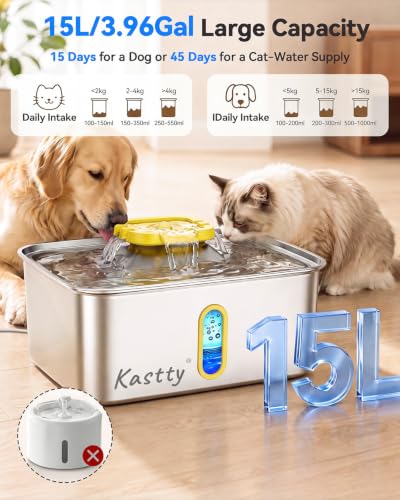 15L 4 Gal Stainless Steel Dog Water Fountain Large Capacity