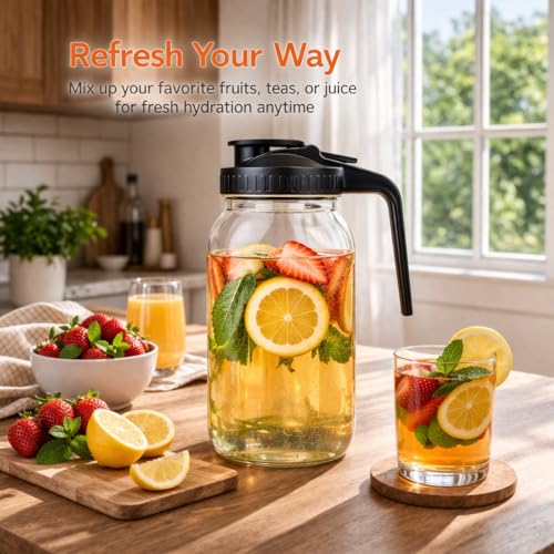 3 Pack 64oz Glass Mason Jar Pitcher with Airtight Lid and Handle (3 Count)