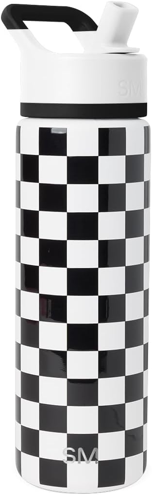 Simple Modern Water Bottle with Straw Lid | Vacuum Insulated Stainless Steel Metal | Reusable Leak Proof BPA-Free Cup for School | Summit Collection | 22oz, Black and White Checkmate