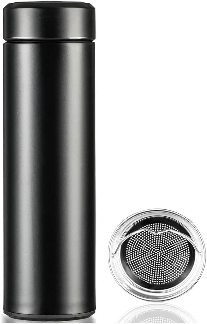 Stainless Steel Vacuum Insulated Water Bottle with Filter Lid, Slim Design (black)