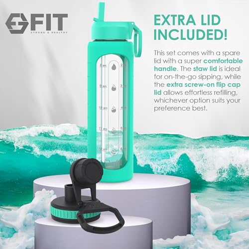 32 oz Glass Water Bottles with Straw Lid & Time Marker