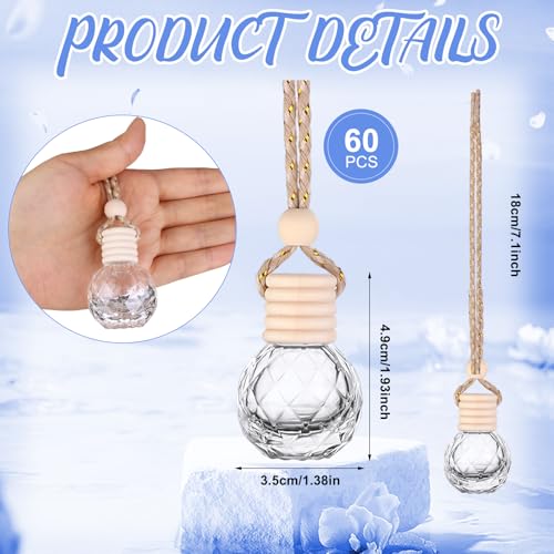 60 Pcs Hanging Car Air Freshener Car Diffuser Bottle Empty Glass Perfume Bottles Air Freshener Diffuser Bottle Pendant for Essential Oils Fragrance Aromatherapy Ornament Decor (60 Count)