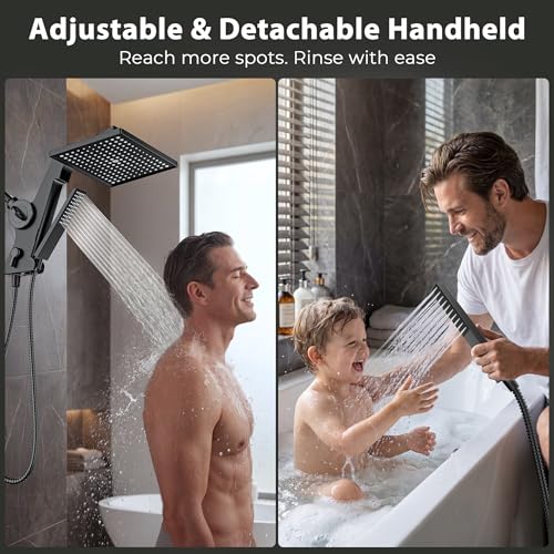 Filtered Rain Shower Head with Handheld Combo High Pressure 12'' Rainfall Shower Heads & Hidden Detachable Wand Dual Showerhead Water Softener for Hard Water Easy Filter Replacement