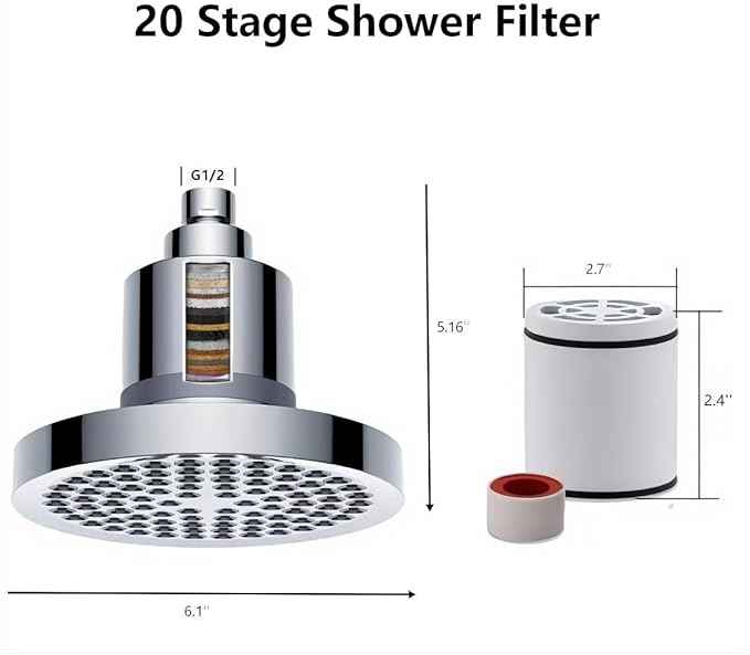 20-Stage Filtered Shower Head - Built-in Hard Water Softener Effectively Removes Chlorine and Heavy Metals, Improving Scalp and Skin Irritation,6-Inch Pressurized Overhead Shower Head (Silver)