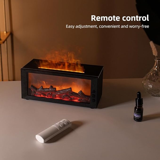 Fireplace Flame Diffuser & Humidifier – Ultrasonic Essential Oil Mist Maker with Remote, 7-Color LED Light, Bonfire Atmosphere for Home, Bedroom, Office (Black)