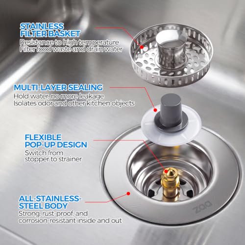 3-in-1 Kitchen Sink Drain Strainer, 304 Stainless Steel Sink Stopper