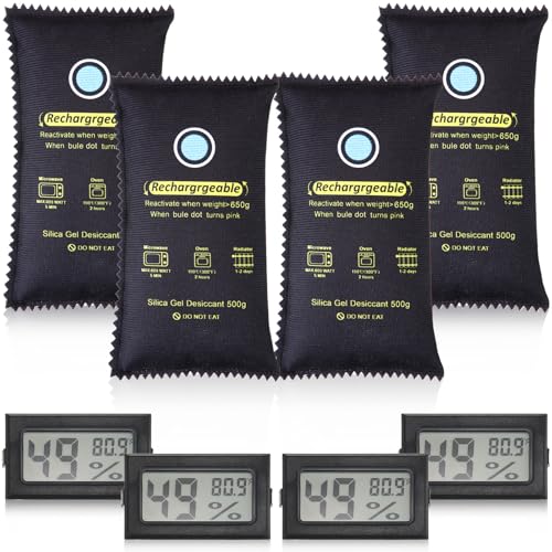 8 Pcs 500 Grams Rechargeable Silica Gel Desiccant Packets with Mini Digital LCD Hygrometer Thermometers Dehumidifier Bag for Gun Safe Closet Basement Car Storage Clothes Moisture Absorber (4 Count)