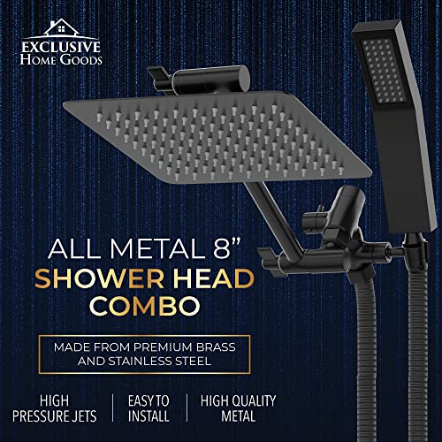 All Metal Shower Head 8" Dual Square Shower Head With Handheld Wand 71in Hose Set