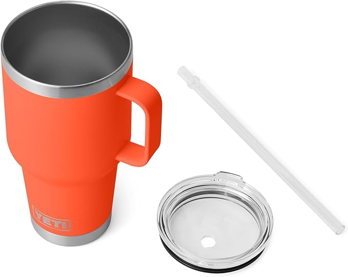 YETI Rambler 35 oz Tumbler with Handle and Straw Lid, Travel Mug Water Tumbler, Vacuum Insulated Cup with Handle, Stainless Steel, Papaya