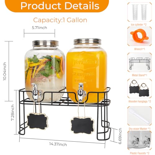 2 Pack 1 Gallon Glass Drink Dispensers with Stand