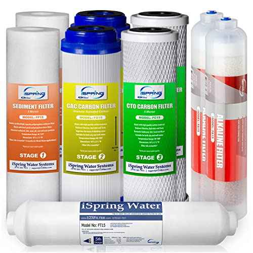 iSpring T32M Pressurized Water Storage Tank with Ball Valve for Reverse Osmosis RO Systems, 4 Gallon, 1/4" Tank Valve Included | iSpring F9K 1-Year Reverse Osmosis Water Filter Replacement Cartridge Pack Set for 6-Stage Alkaline Mineral RO Filtration S...