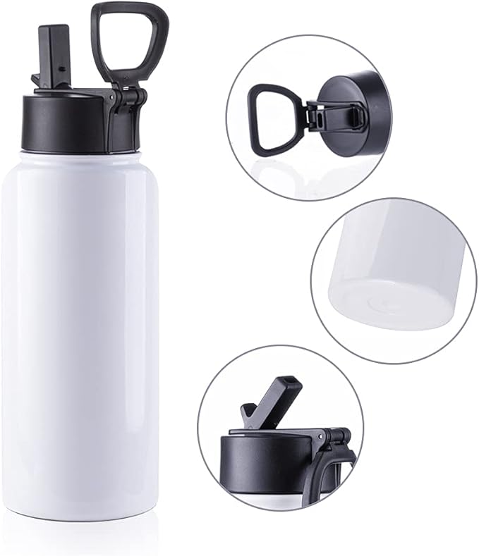 PYD Life 2 Pack Sublimation Blank Tumbler 32 OZ White Vacuum Flask Stainless Steel Sports Wide Mouth Water Bottle with Straw and Portable Handle