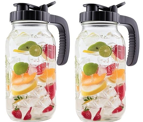 2 Quart Glass Mason Jar Pitcher With Lid 2 Set 64 Oz Wide Mouth Cold Hot Water Pitcher Half Gallon Sun Tea Coffee Jug Carafe For Fridge Lemonade (2 Count)