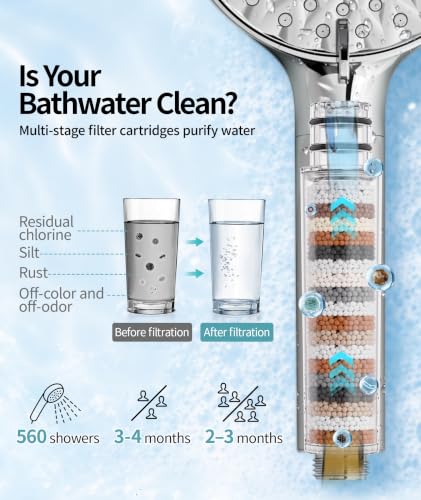 Filtered Shower Head with Handheld High Pressure 9 Spray Mode Showerhead Detachable Shower Head Water Softener Filters Beads for Hard Water Remove Chlorine 1 Filter Chrome
